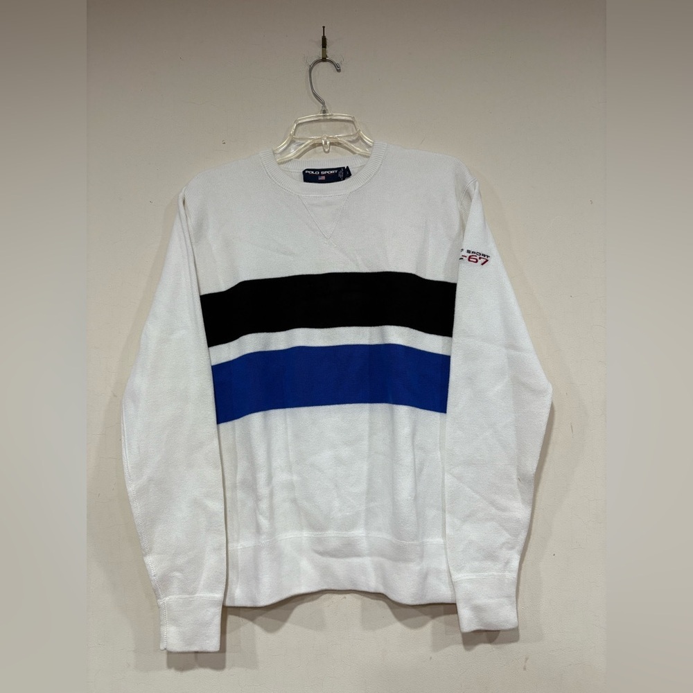 Vintage Polo Sport RL-67 White Blue Black Striped Sweater Size Small